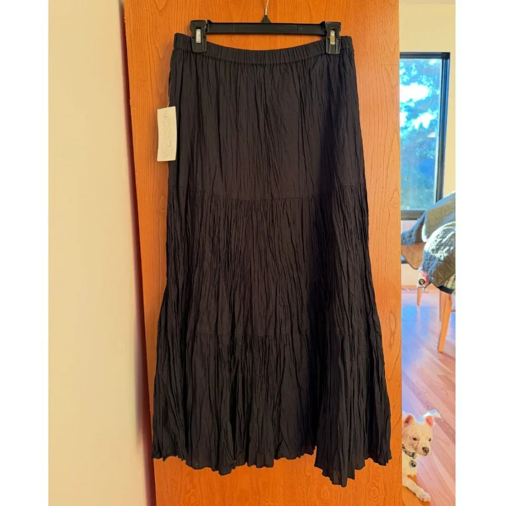 Black Cotton Tiered Lined Crinkle Maxi Skirt NWT elastic-waist boho festival - Picture 2 of 11
